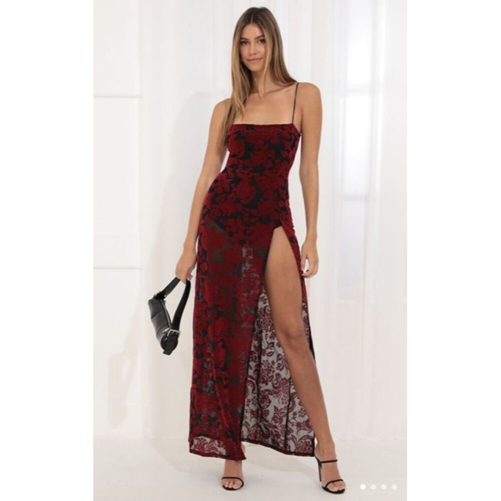Lucy in the Sky Giana Velvet Maxi Dress | Wine Red |Medium | Sexy Sheer Slit